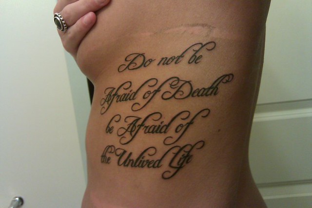 Sarah LaBrie's rib tattoo do not be afraid of death be aftraid of the 