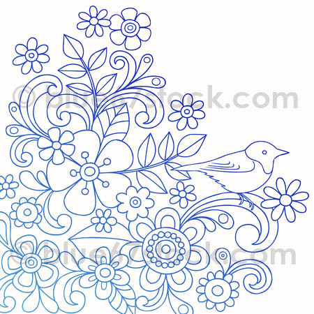 HandDrawn Psychedelic Paisley Henna Tattoo Doodle with Flowers and a Bird