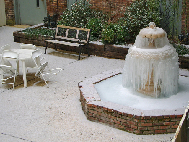 wedding cake fountain just a light dusting of snow this morning 