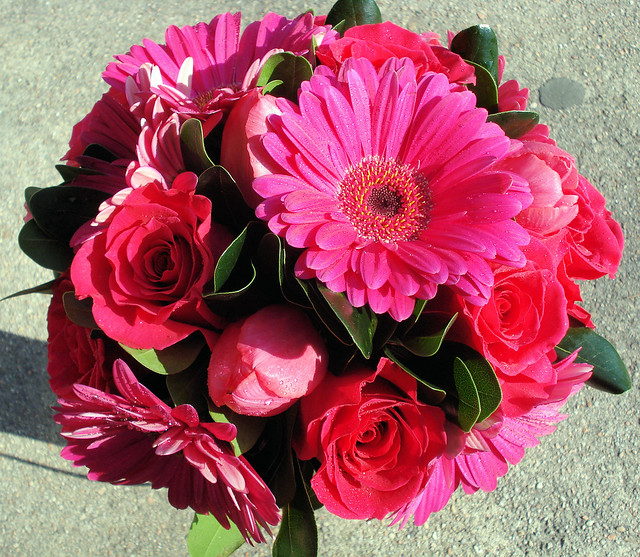 Hot Pink Gerbera Daisy Tulip and Rose Bridal Bouquet
