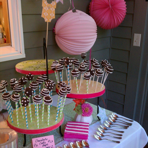 The completed allergy free chocolate cake pops at the baby shower for my niece to be. No dairy, eggs or nuts!