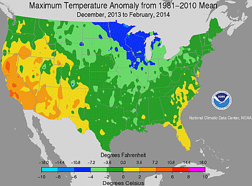 December 2013 to February 2014 Temperature Anomalies USA