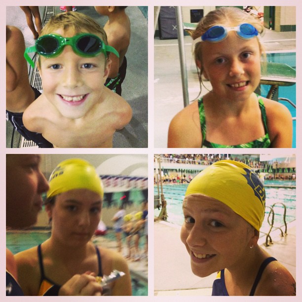 A house divided. Madelyn and Adam swim for tiger sharks. Julianne and Catherine swim for sea dragons. It's complicated. The good news is all their meets are together!  The whole league swims together at every meet. Can you say LONG?  At least it's indoors