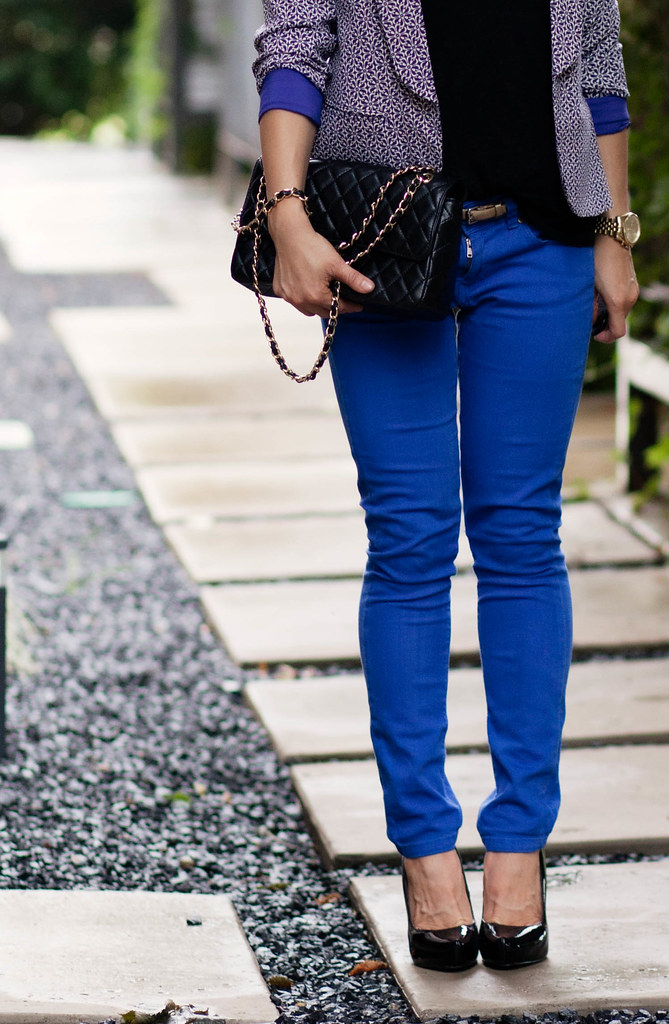 printed blazer + cobalt jeans