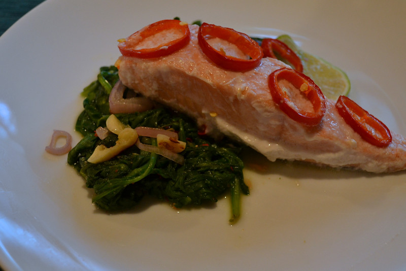 coconut-lime salmon fillet with mustard spinach | things i made today