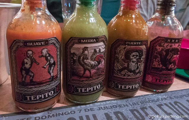Four varieties of salsa, from mild (left) to, medium, strong, and mouth-on-fire triple-x hot