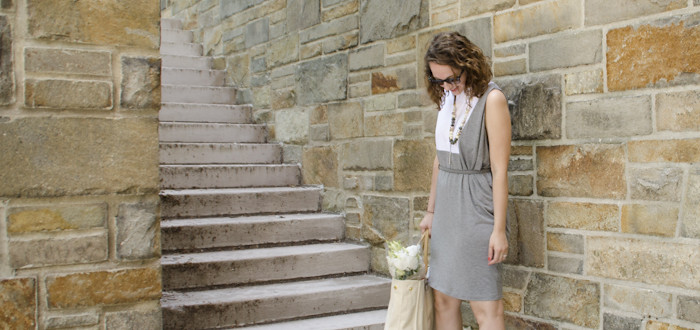 august outfit post, farmers market outfit, flower shopping, summer weekends, gray and white dress, layered necklaces, curls, dash dot dotty, nude pointy flats