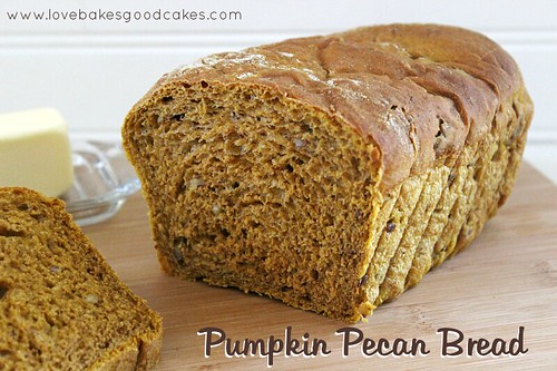 Pumpkin Pecan Bread loaf sliced in half.