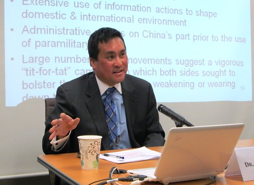 Dr. Christopher Yung explained the methodology and some of the analysis that has come from his year-long project to create a database of the actions taken by countries to assert their claims in the South China Sea.