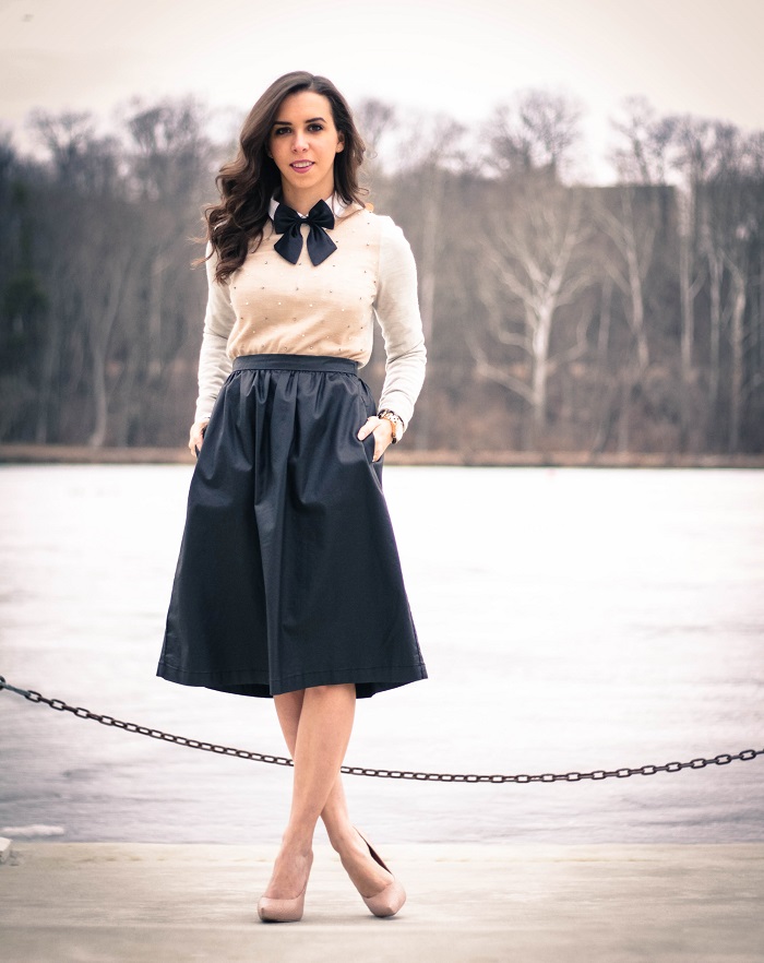 va darling. dc blogger. virginia personal style blogger. faux leather midi skirt. beaded sweater. women's bow tie. nude pumps. 3