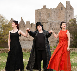The Cast of Edinburgh People's Theatre's production of Mary Queen of Scots got her Head Chopped Off on a publicity shoot at Craigmiller Castle, Edinburgh. LR:  Lynne Hurst (Mary), Mags Swan (La Corbie) and Lynn Cameron (Elizabeth), Photo © Robert Fuller.