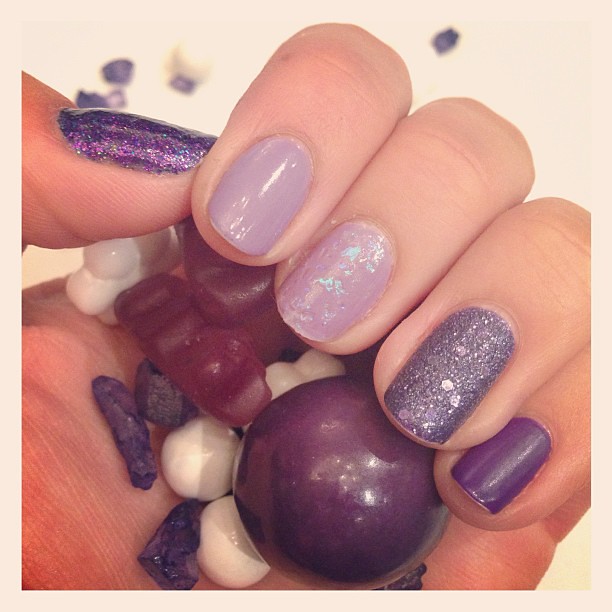 My purple mixed-textures manicure matches the @jossandmain candy! #altsf #notd #nailpolish #manicure #nailsofig #instamani #nailart #showusyourtips #beauty #nailpolishobsessed #opi #illamasqua #revlon #squarehue