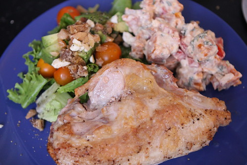 Pan Roasted Chicken Breast with Marcona Feta Salad and Cilantro Lime Sweet Potato Salad