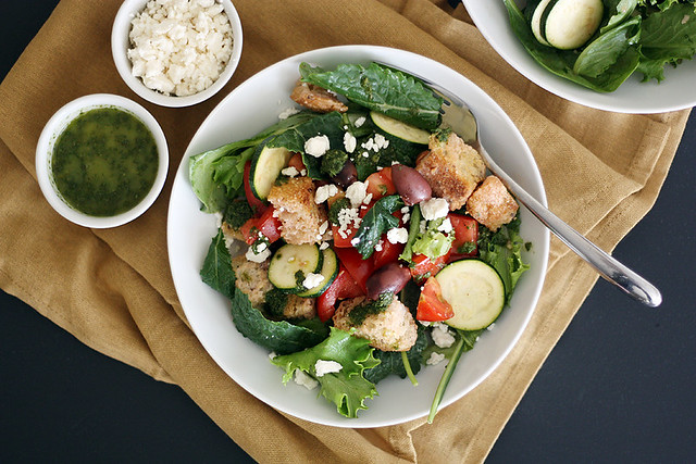 tomato, olive + baby kale panzanella salad