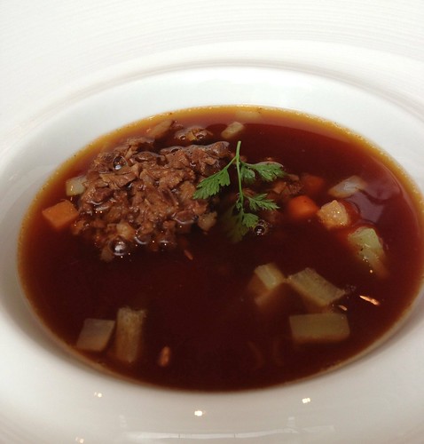 San Diego "Mock Turtle Soup". Braised US Black Angus Beef & Tongue with Root Vegetables & Light Fish Stock.