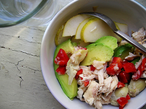 chicken, artichoke heart, and red bell salad with pear and avocado