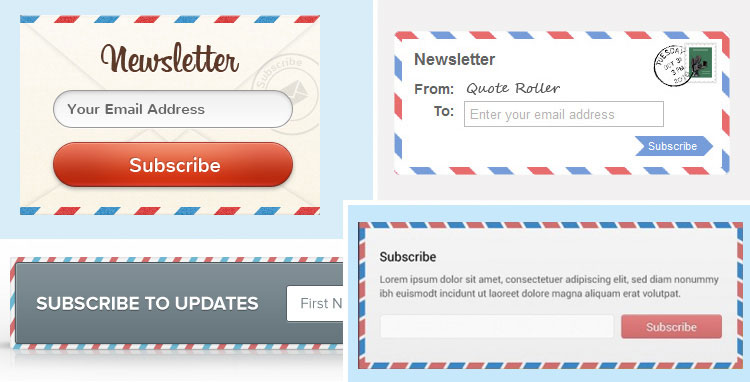 Some pretty cool international envelope style opt-in and subscribe form inspiration for your blog. See more cute and pretty opt-ins at http://DesignYourOwnBlog.com