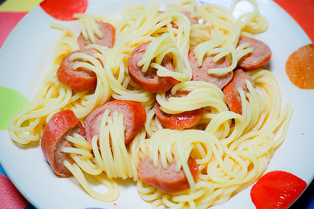 Pinoy Spaghetti with Sausage Franks on a Pasta