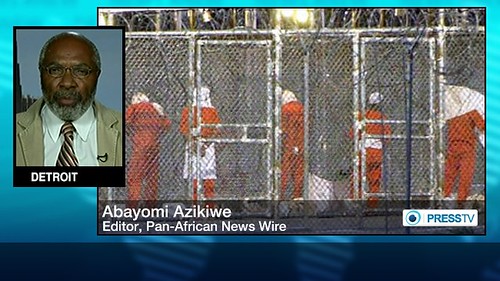 Abayomi Azikiwe, editor of the Pan-African News Wire, depicted in graphic for Press TV on Guantanamo Bay, January 30, 2014. Azikiwe is a frequent contributor to international media. by Pan-African News Wire File Photos