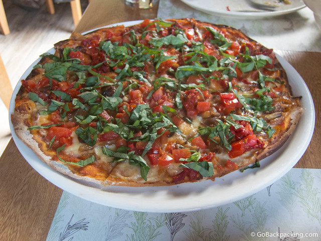 A simple margarita pizza, with fresh tomatoes, basil and cheese