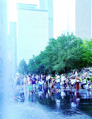 Waterfall Fountains at Millenium Park, reflections, waterfall, families and kids playing, shallow pool, hot bright day, skyscrapers, sheltering trees, Chicago, Illinois, USA by Wonderlane
