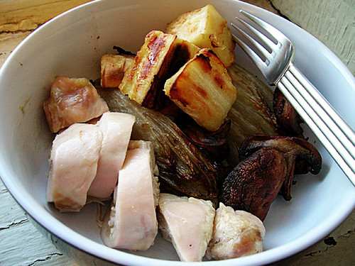 baked chicken with roasted endive, parnsips, and mushrooms