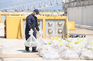 A crewmember stationed aboard the Coast Guard Cutter Forward places a bag of seized cocaine along with the rest Friday, September 20, 2013, at Naval Station Mayport, Fla. The drugs were seized by a a Coast Guard Law Enforcement Detachment stationed aboard the U.S. Navy Oliver Hazard Perry-class frigate USS Rentz (FFG-46) approximately 300 miles north of the Galapagos Islands. U.S. Coast Guard photo by Petty Officer 3rd Class Anthony L. Soto