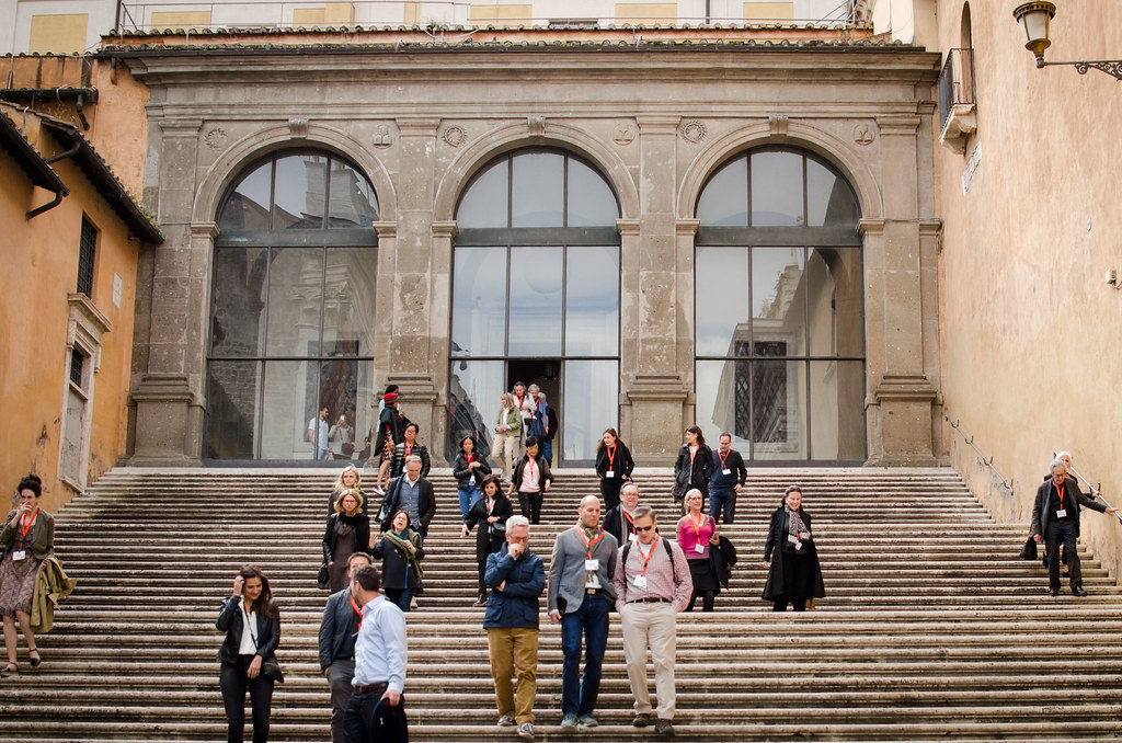 Guests leave the Capitoline Hill venue after the opening lectures, heading to the Palazzo Santacroce for the reception. 

photo / Maddy Eggers (B.Arch. '19)