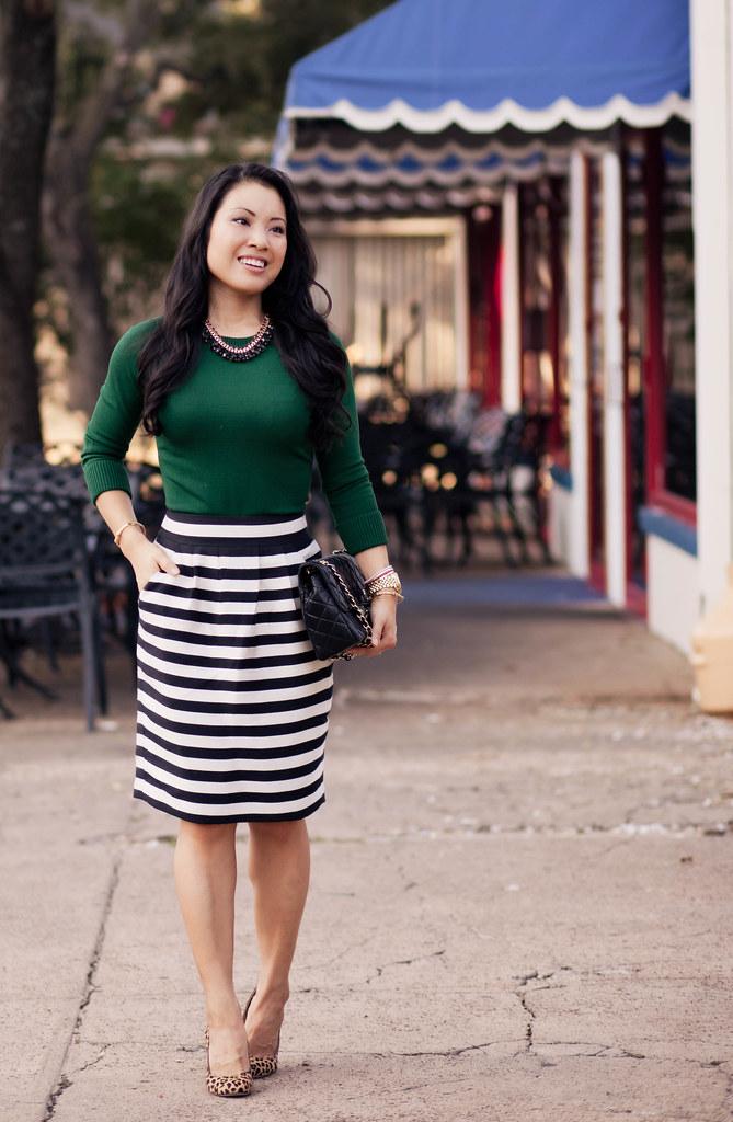 emerald green top, black white striped skirt, leopard pumps, chanel flap purse outfit #ootd | petite fashion