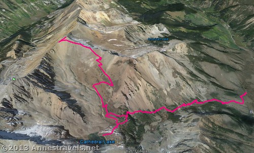 A visual map of the Cathedral Lake Trail and the Electric Pass Trail - Cathedral Lake Trail goes from the right side to Cathedral Lake (in the center); Electric Pass Trail goes from the center to the left side. White River National Forest, Colorado