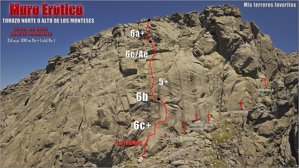 croquis RUBIA DE BOTE ...XOXETE MORENOTE 100 m EDsup 6c+ (6c obl) - TOROZO NORTE o ALTO DE LOS MONTESES 2021m