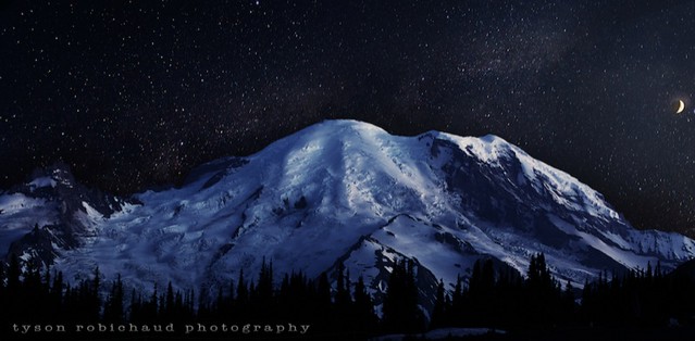 The moon, stars and Mount Rainier