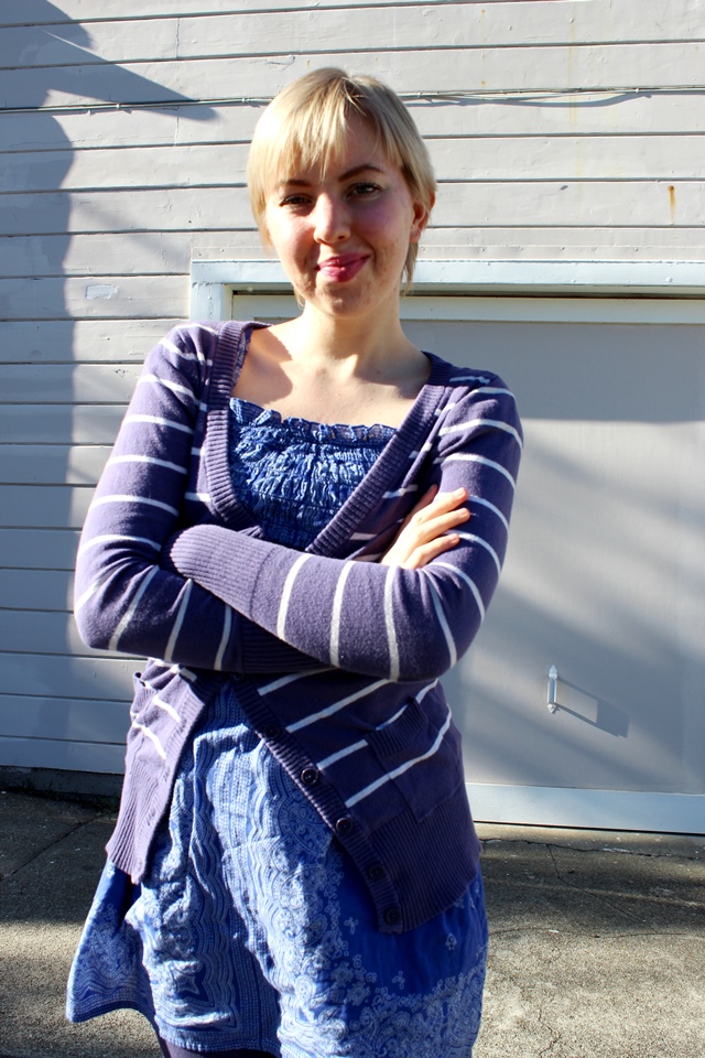 blue and purple outfit: striped cardigan, dress