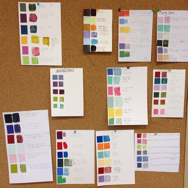 My students did a great job with their color mixing group exercises.  They got 6 swatches and learned how to use a six primary mixing system to accurately match colors.
