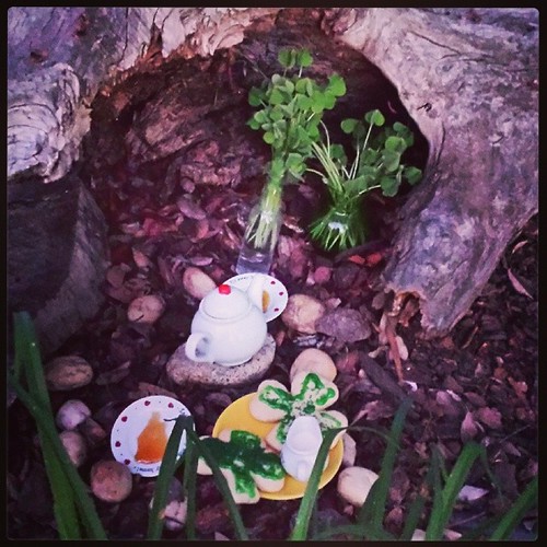 Party set for the Leprechauns! Tea and cookies, with cream and honey. #waldorf #spring #leprechauns #festivals
