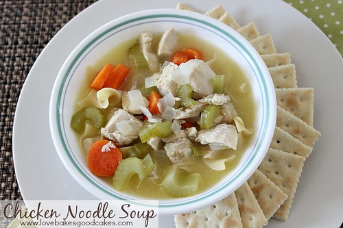 Chicken Noodle Soup in bowl with crackers on plate close up.