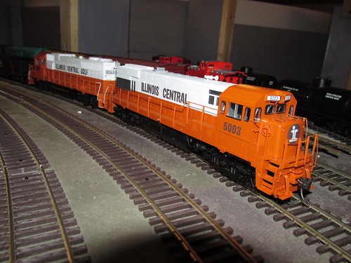 The 1970's era orange and white Illinois Central color scheme. Introduced by the Illinois Central in 1967 to help modernize their image.  Photographed at the Oak Park Society Of Model Engineers,H.O Scale Model Railroad Club.  Oak Park Illinois.  May 2013. by Eddie from Chicago