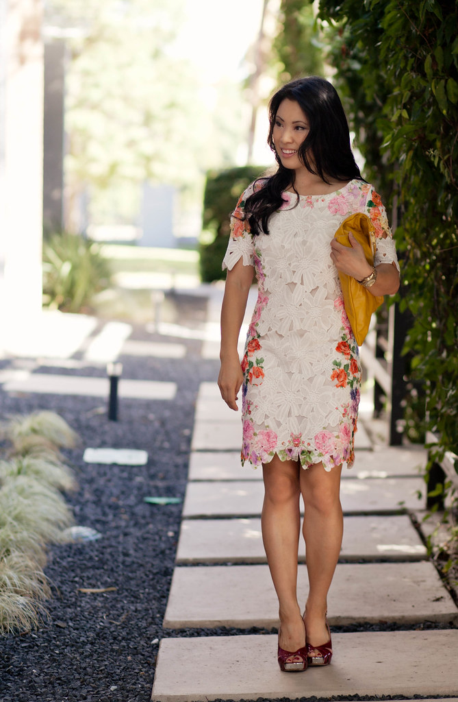choies floral dress with cut out, american apparel yellow clutch, red stiletto heels outfit #ootd