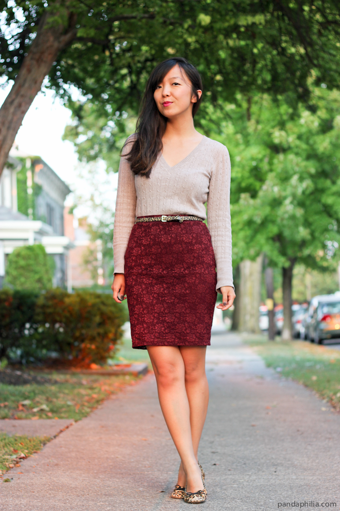 cable knit sweater lace pencil skirt leopard accents outfit