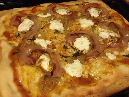 Pumpkin Pizza with Carmelized Onion, Sage, Toasted Pine Nuts, Ricotta, Fontina and Pancetta