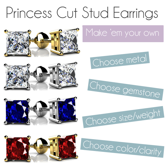 Customize Jewelry at Anjolee, Princess Cut Stud Earrings