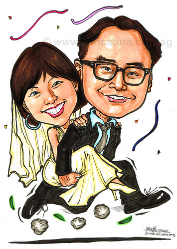 wedding couple caricatures in colour marker