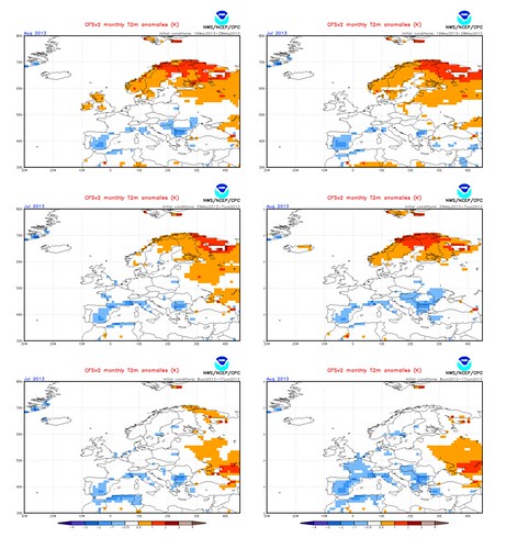 Mapes amb la predicció estacional de la temperatura a dos metres a partir del model CFSv2, amb inicialitzacions entre el maig i juny de 2013.