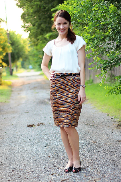 patterned-pencil-skirt-silk-blouse-1