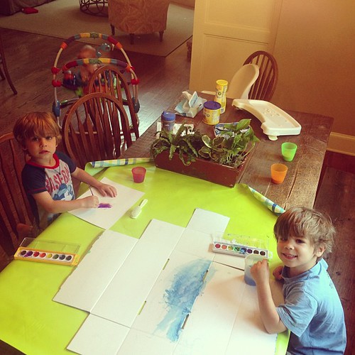 Just a little early morning painting (and bouncing for Maggie). Austin's first "big" homework assignment-making a habitat for an alligator.