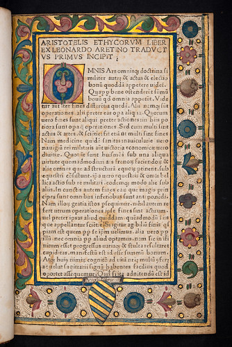 Decorated page incorporating coat of arms in Aristoteles: Ethica ad Nicomachum