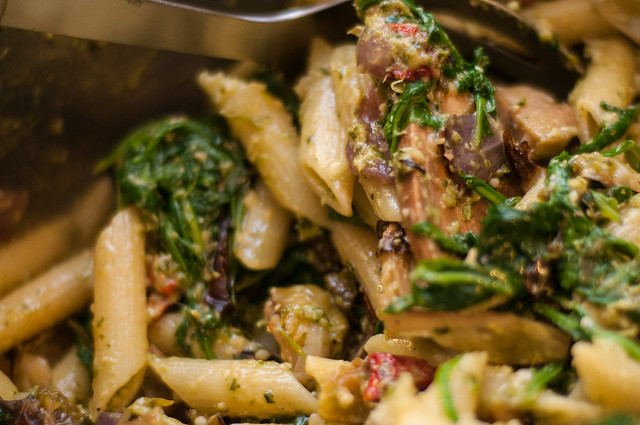 penne with roasted brussels sprouts, greens, shrimp and pesto