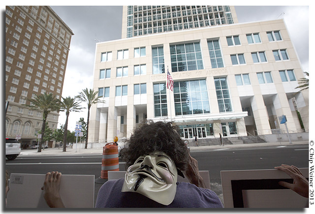 Guy Fawkes mask worn by an Occupy Tampa demonstratoe in front of the Tampa Federal Courthouse