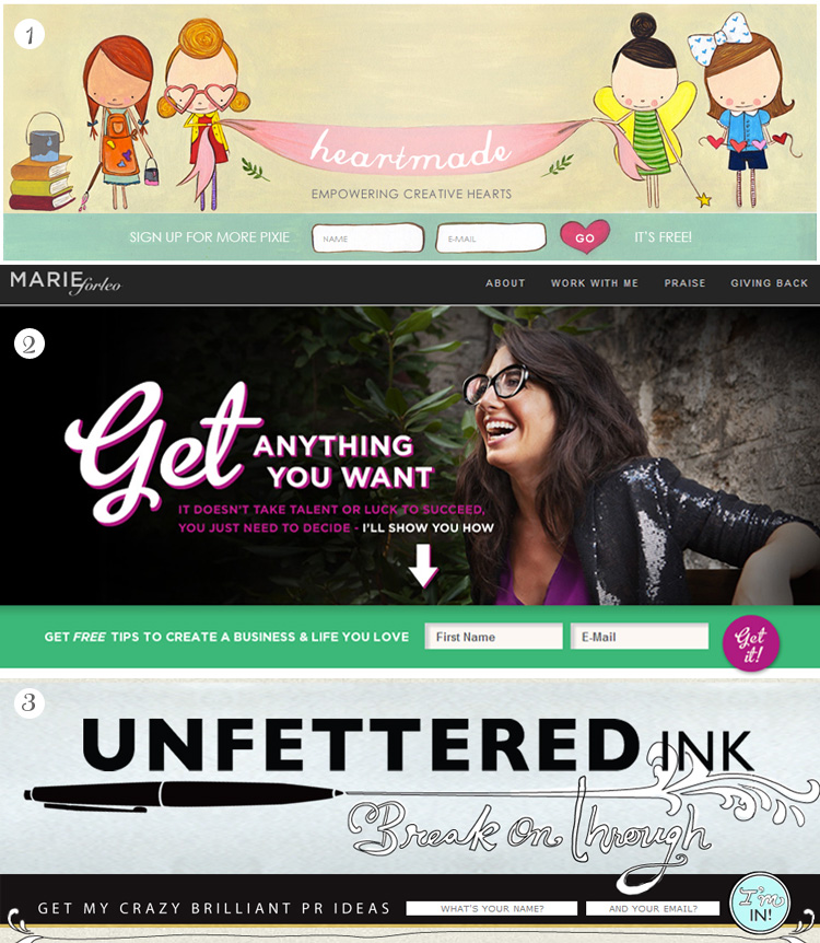 Some pretty cute horizontal opt-in and subscribe form inspiration for your blog's header. See more at http://DesignYourOwnBlog.com