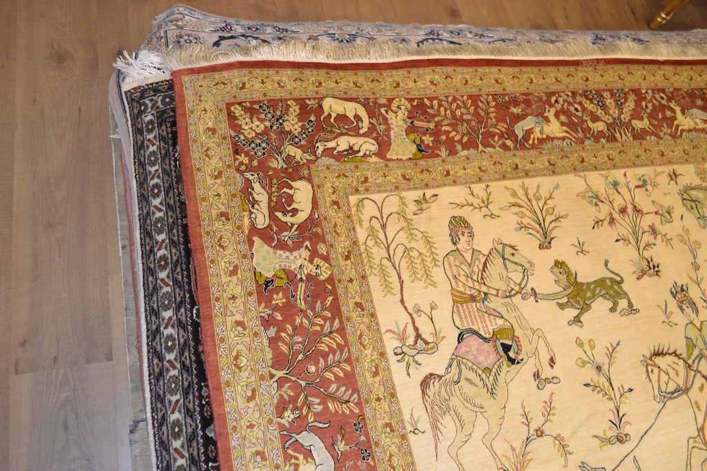 Qum Silk Hunting Scene Persian Rug